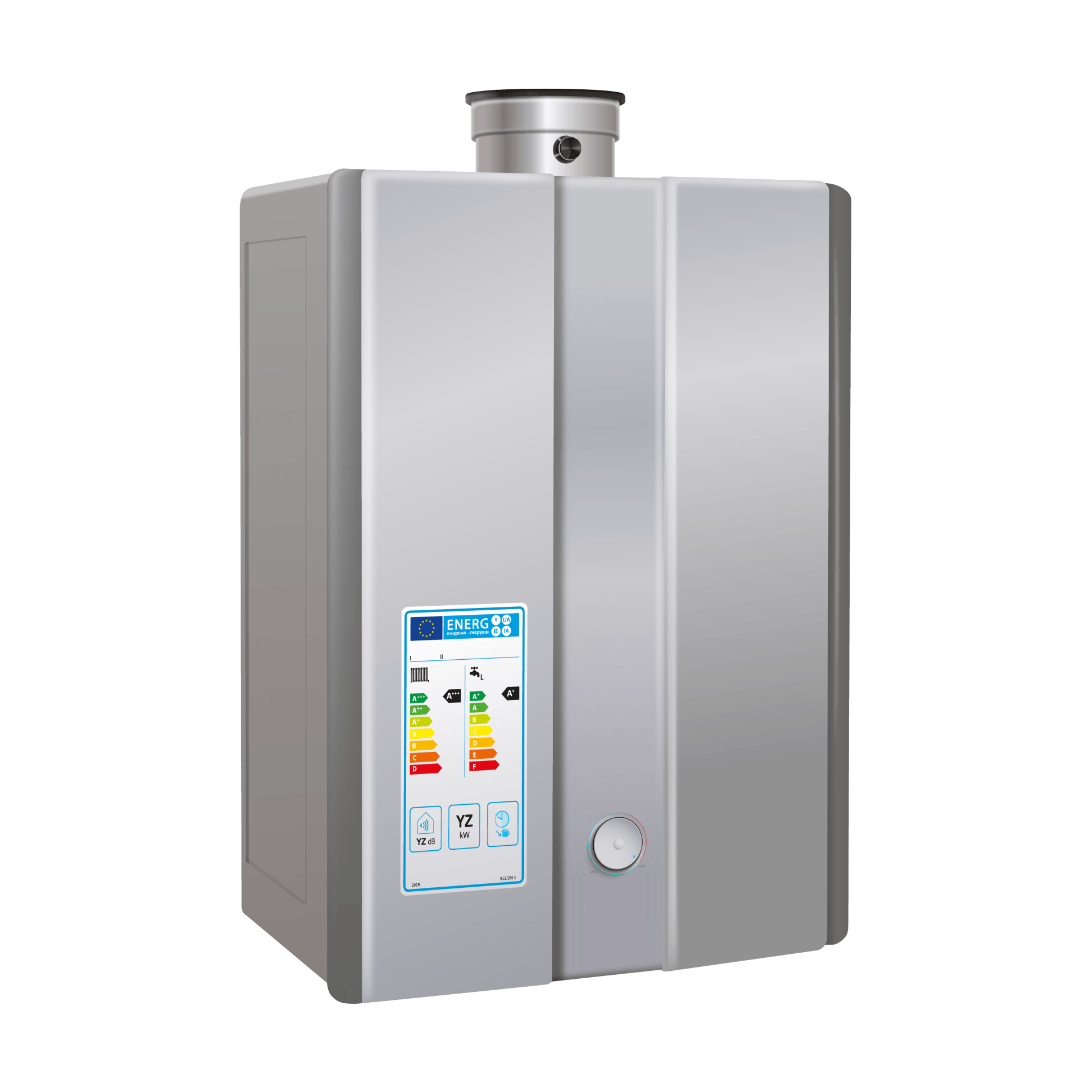 a stainless steel water heater with a label on it on a white background .