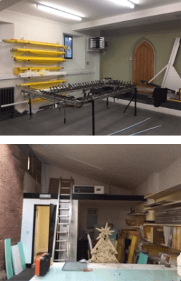 two pictures of a room with a ladder and a christmas tree