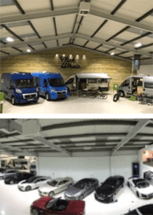 a row of cars are parked inside of a building