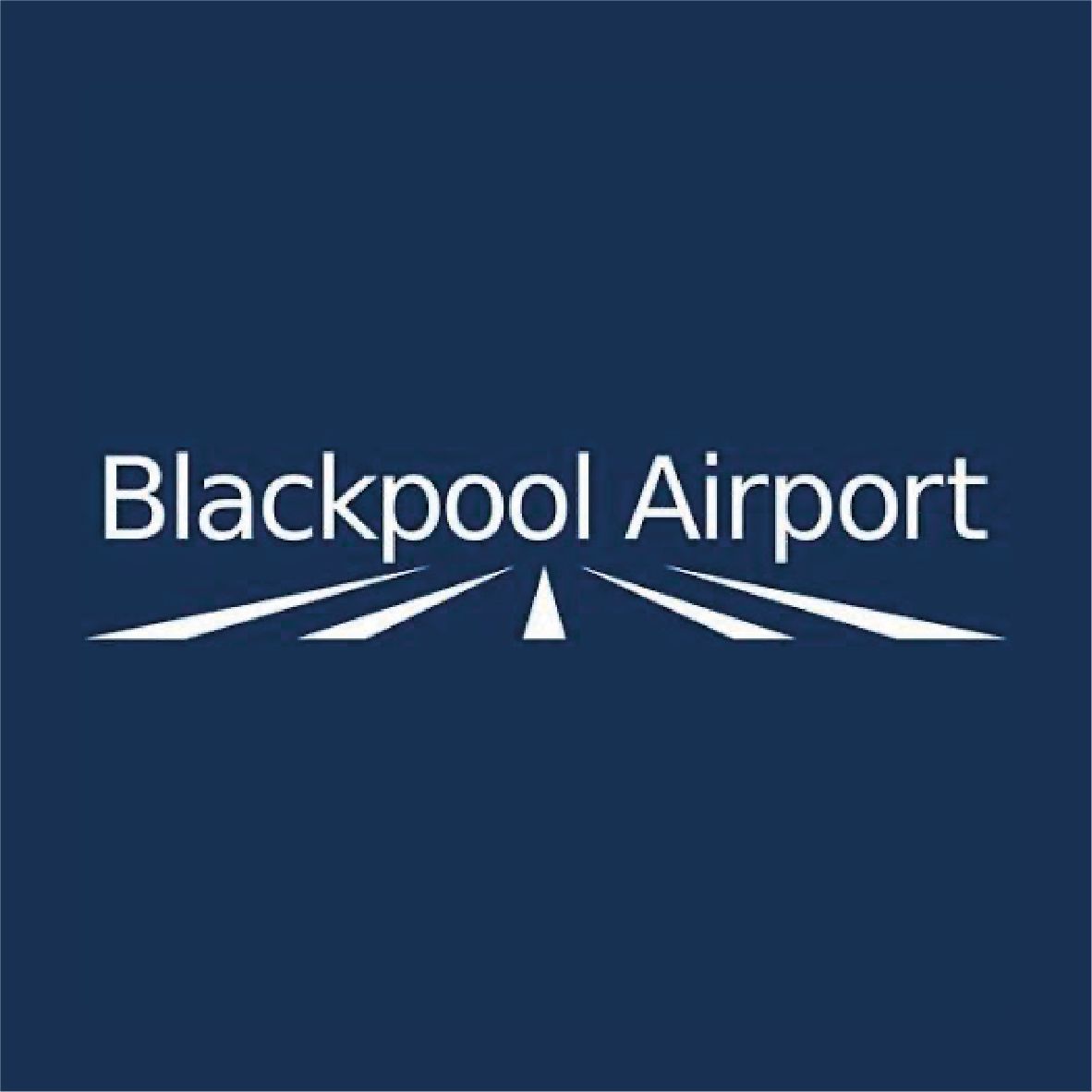 Blackpool Airport logo on a dark blue background with white text and runway lines