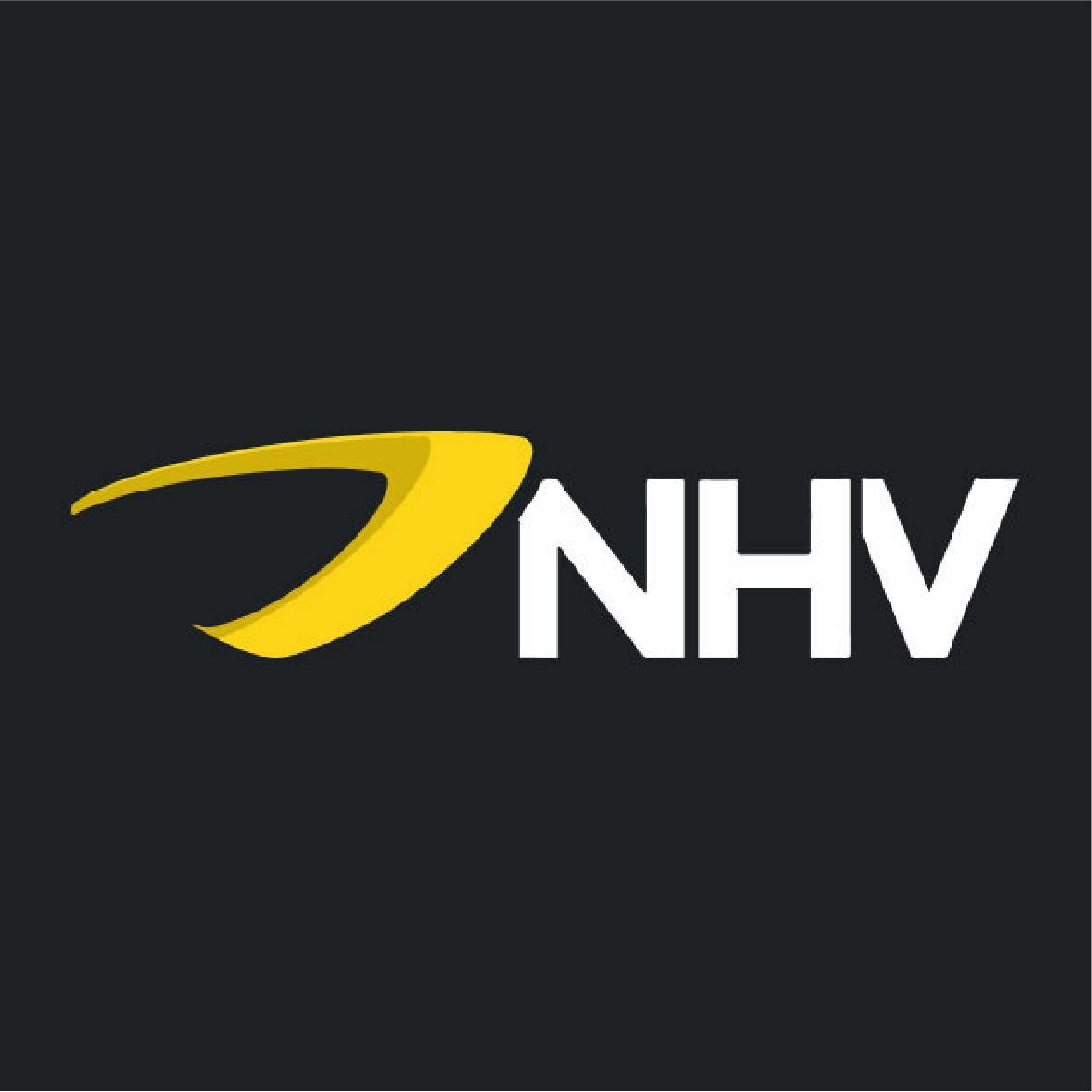 NHV logo with yellow swoosh and white letters on a dark background