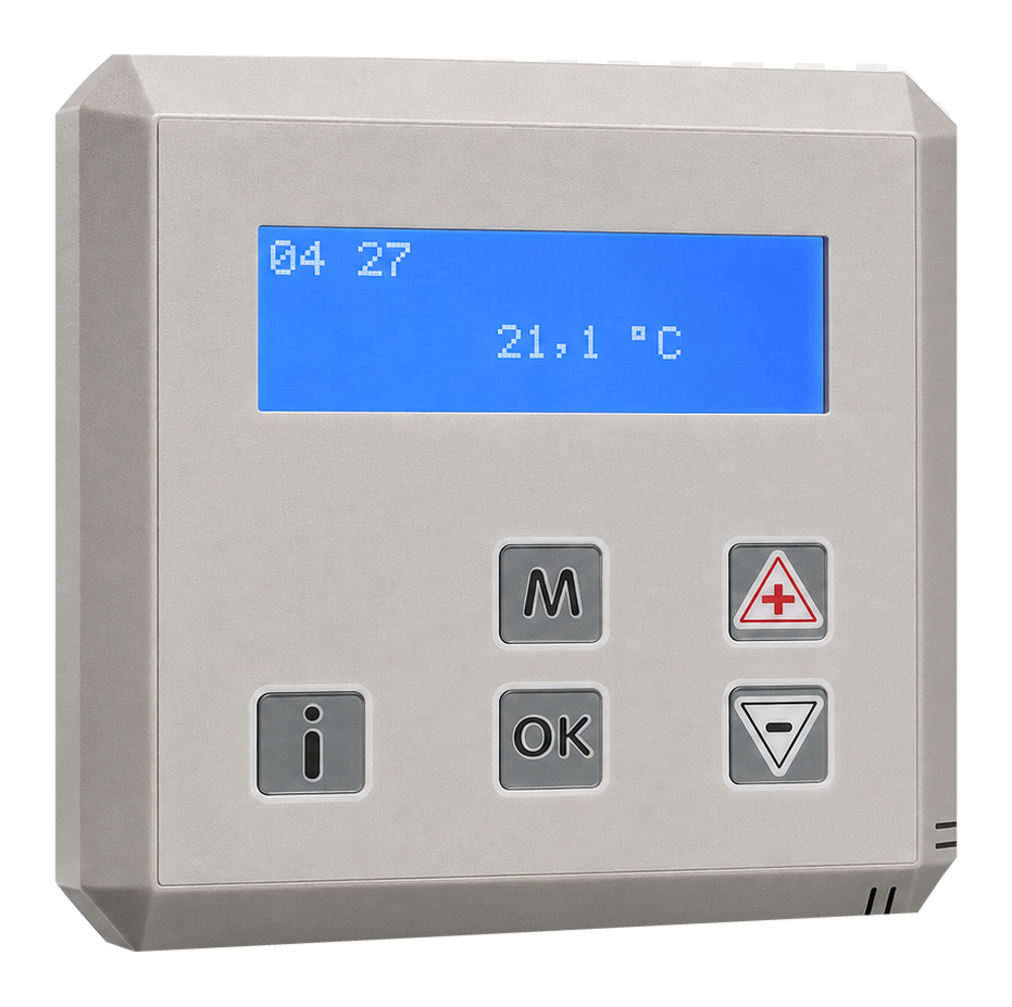 Gray wall thermostat with blue display showing 21.1°C and control buttons