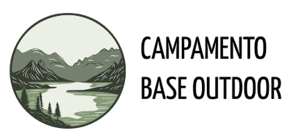 Logotipo con gráfico circular de montaña y lago, con las palabras