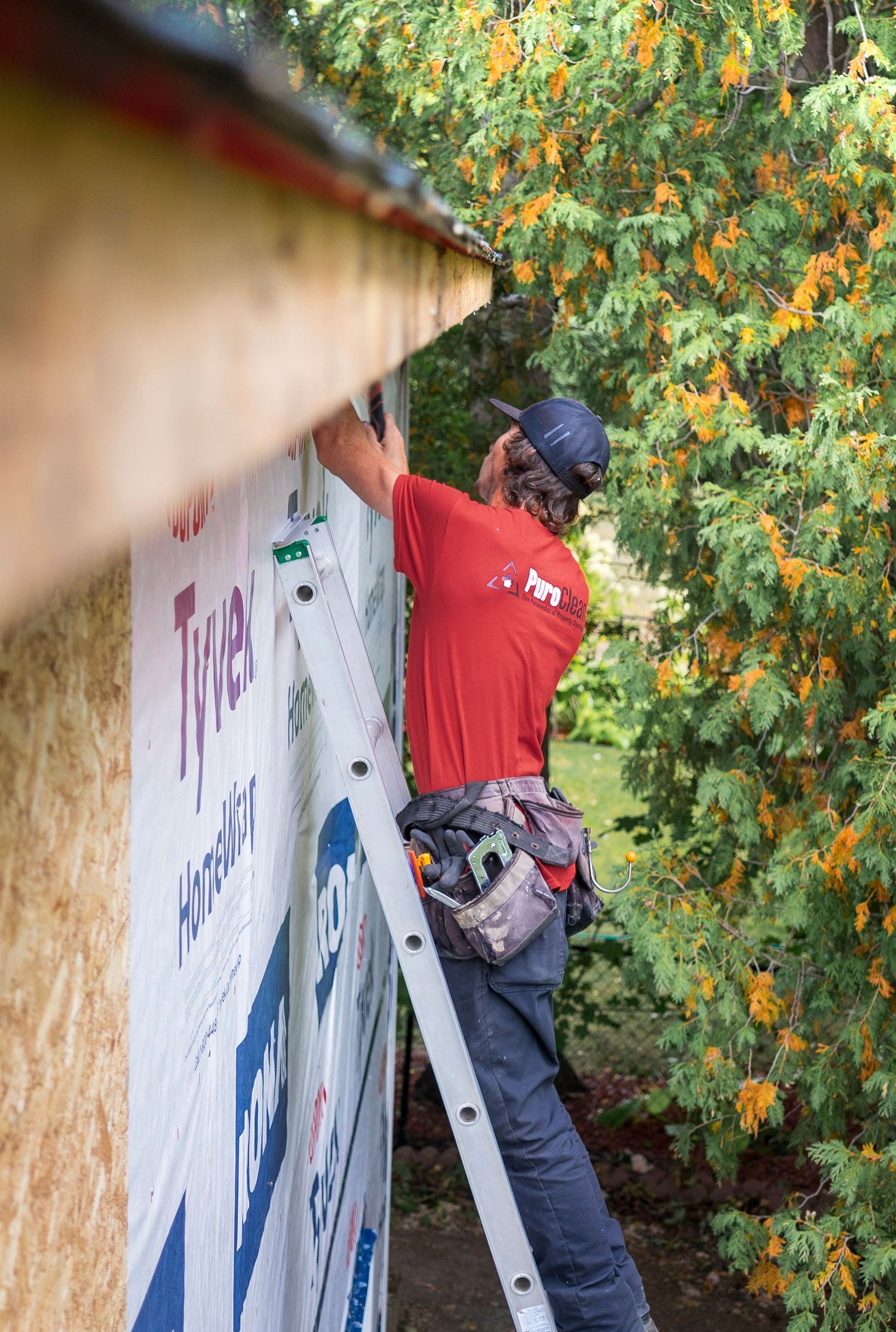 Contractor on a ladder installing house wrap over exterior sheathing during a siding installation