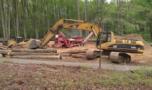 Yellow excavator clearing logs in a wooded work site with a red trailer nearby