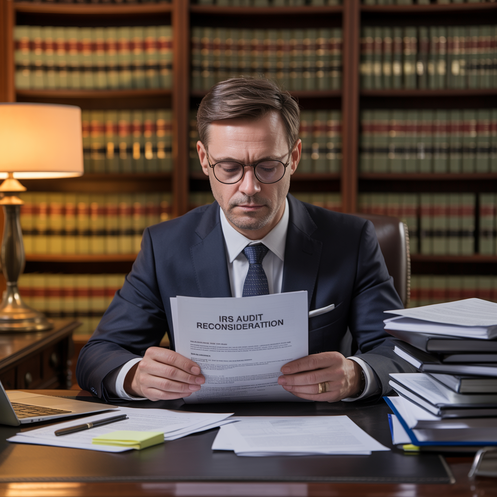 A man in a suit and tie is sitting at a desk reading a piece of paper.
