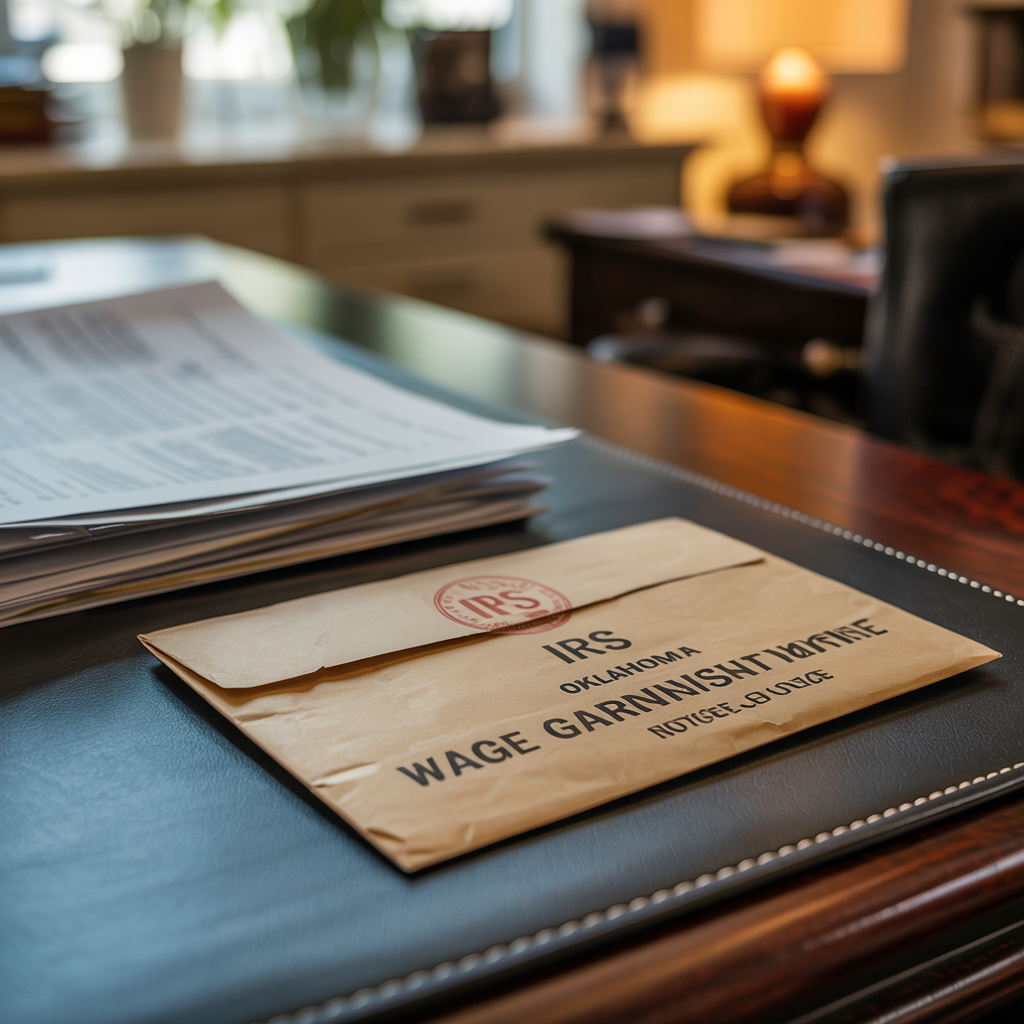 A brown envelope with irs written on it sits on a desk