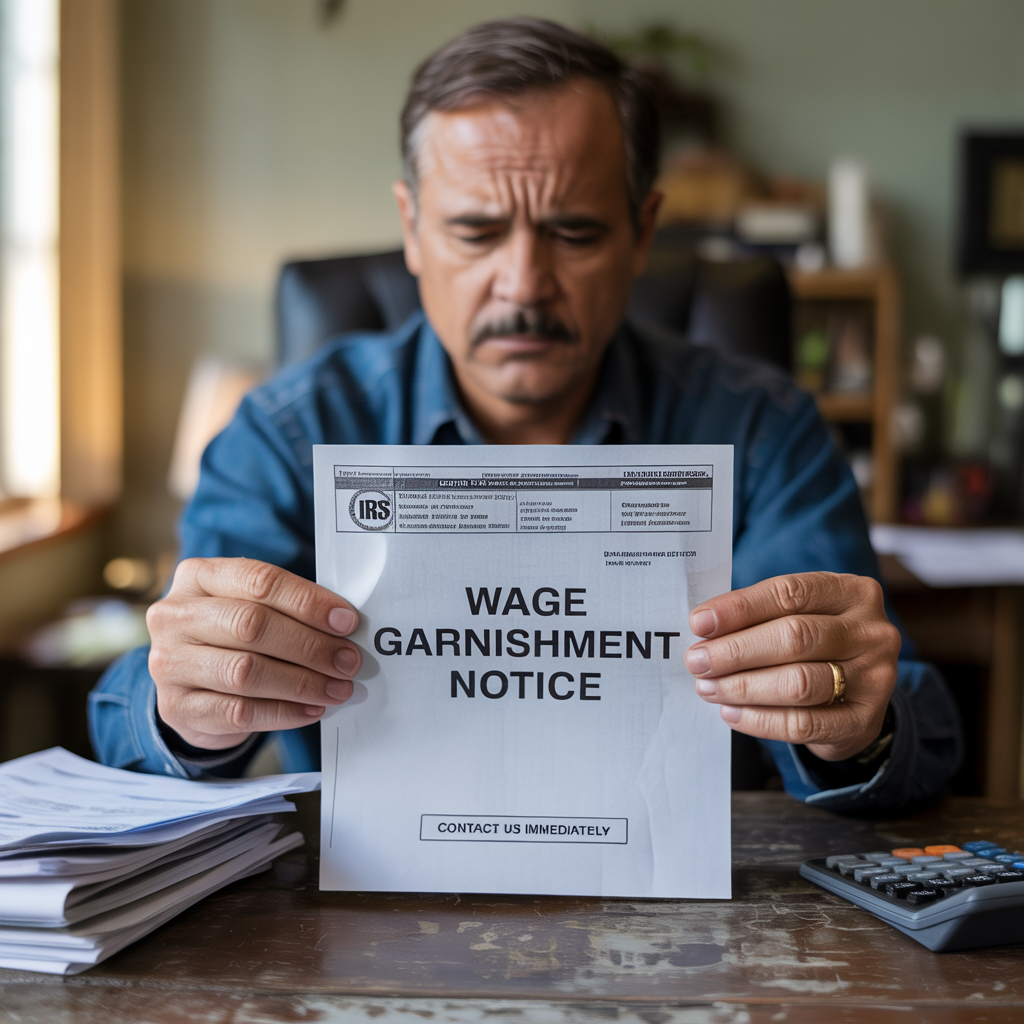 A man is sitting at a desk holding a wage garnishment notice.