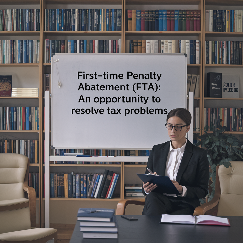 A woman sits in front of a white board that says first-time penalty abatement