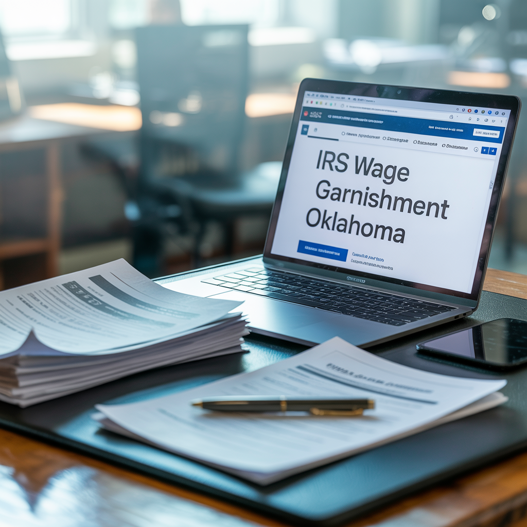 A laptop computer is open to a page that says irs wage garnishment oklahoma