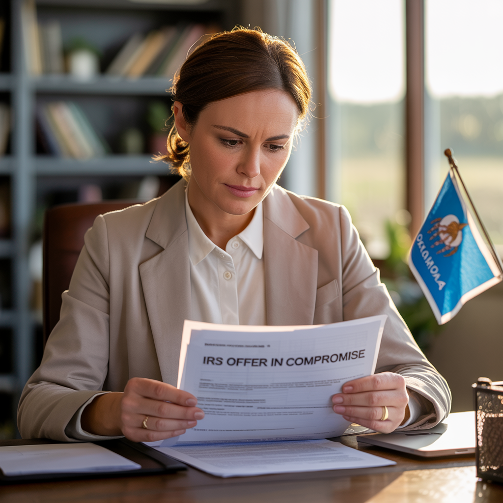 A woman is sitting at a desk reading a piece of paper.