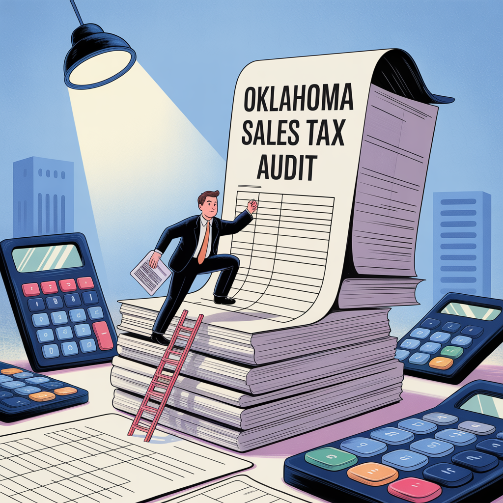 An illustration of a man standing on top of a stack of books that says oklahoma sales tax audit
