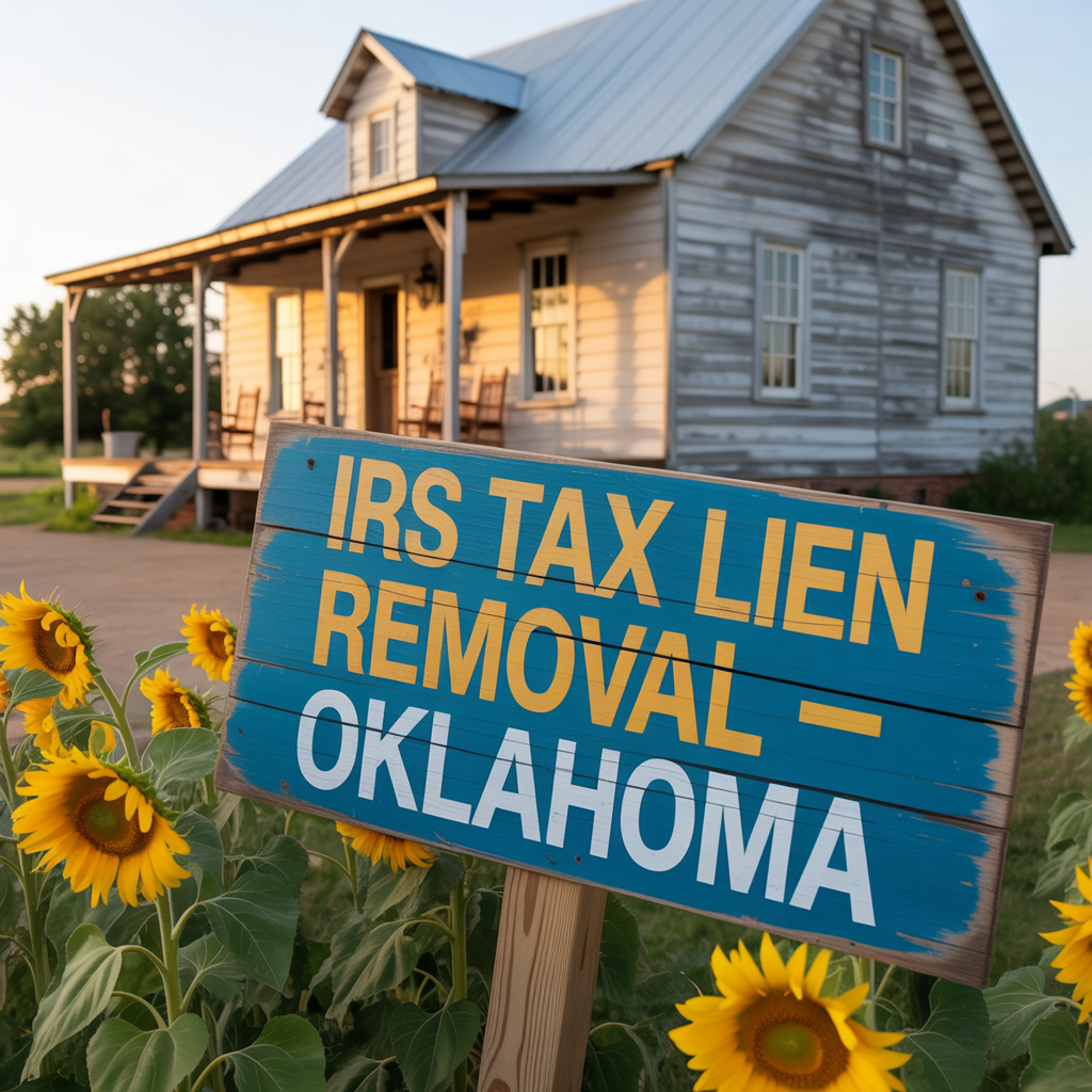 A sign in front of a house that says irs tax lien removal oklahoma