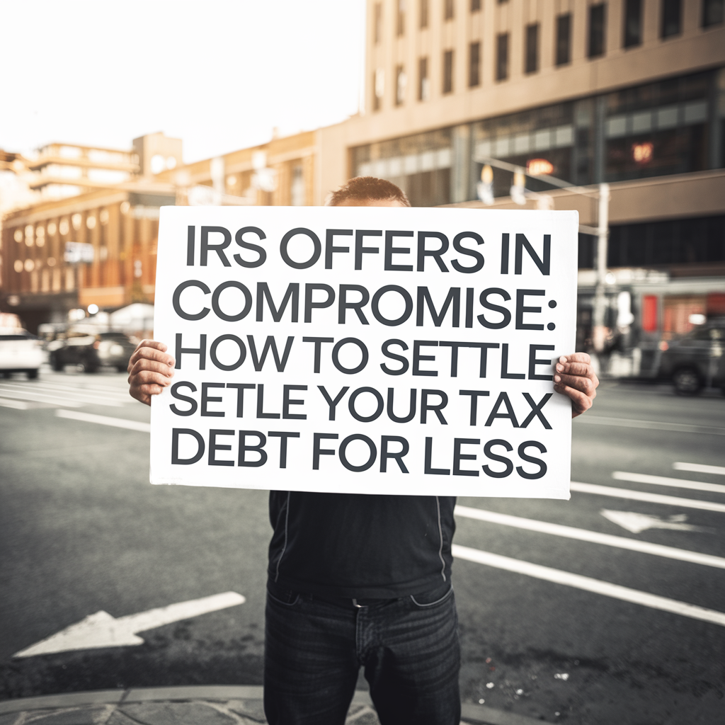 A man is holding a sign that says `` irs offers in compromise : how to settle your tax debt for less ''