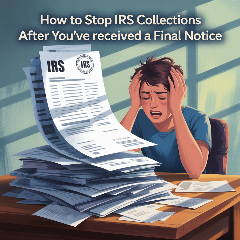 A man is sitting at a table with a stack of irs collections.