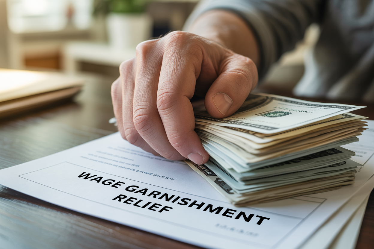 A person is holding a stack of money over a wage garnishment relief form.