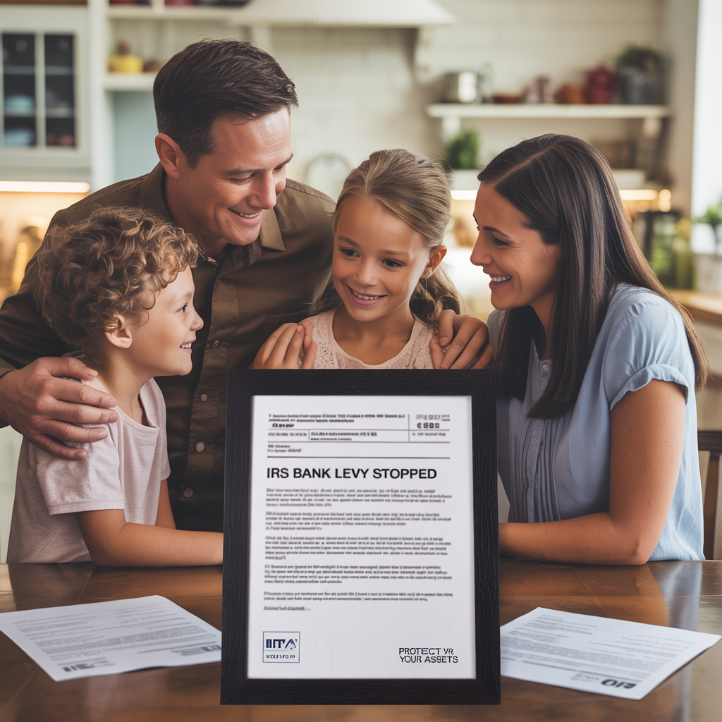 A family is sitting at a table with a framed letter.