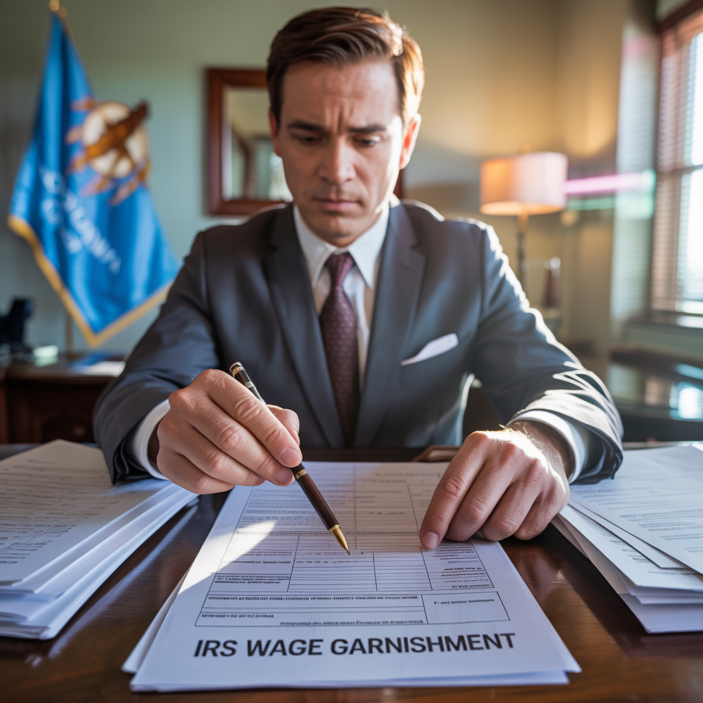A man in a suit and tie is filling out an irs wage garnishment form