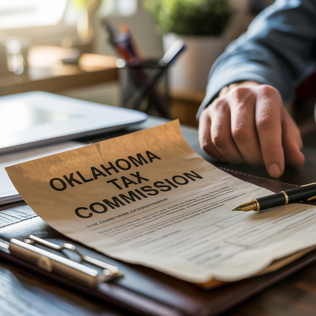 A person is signing an oklahoma tax commission form