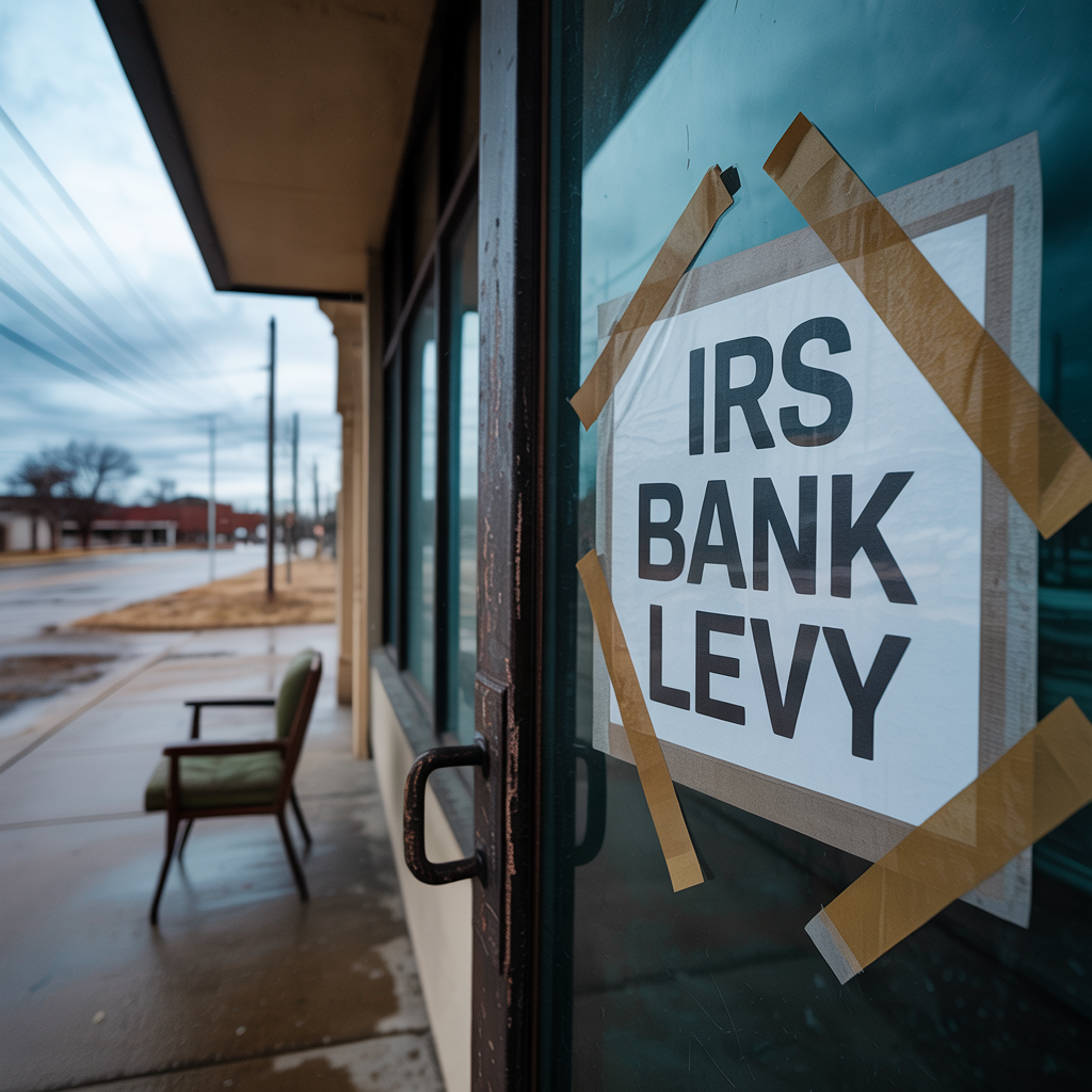 An irs bank levy sign is taped to a glass door