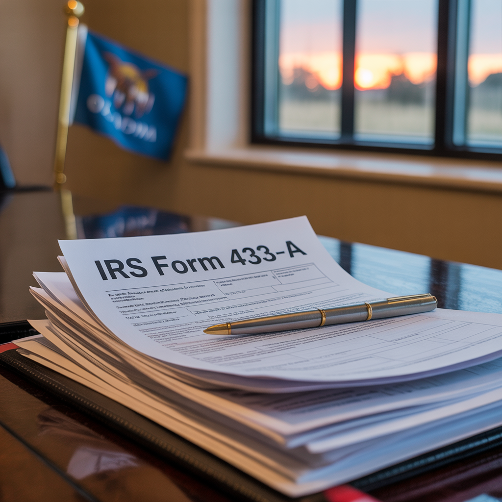 A pen sits on top of a stack of irs form 433-a