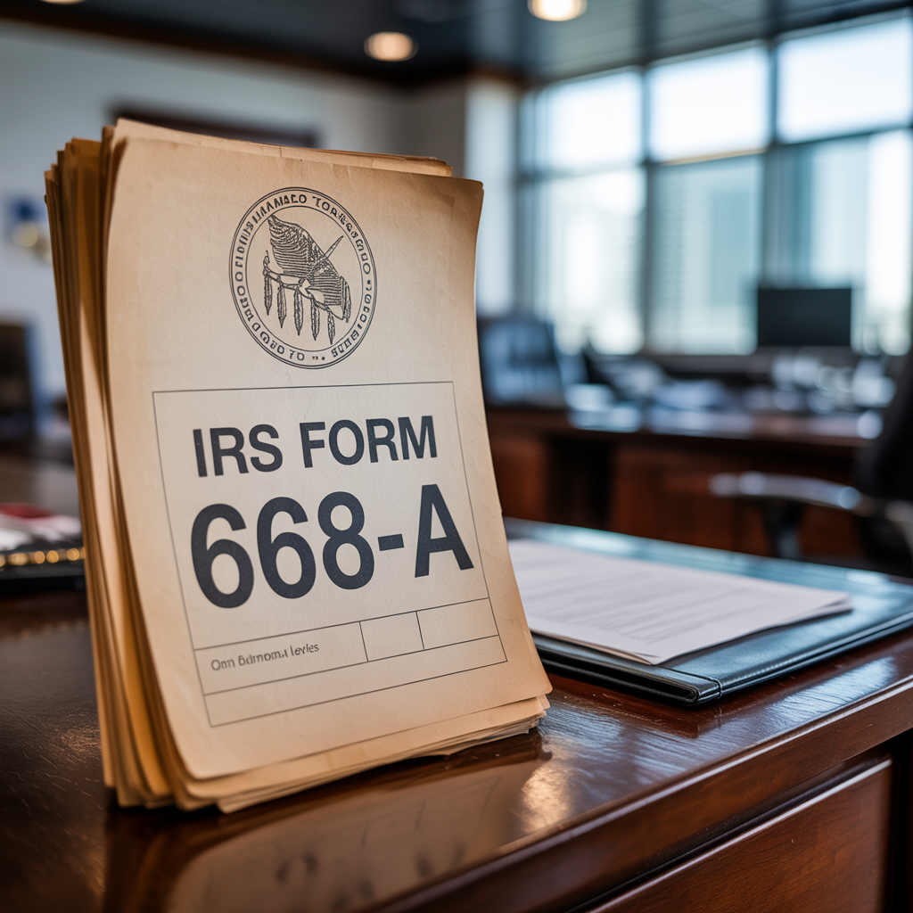 A stack of irs form 668-a sits on a desk