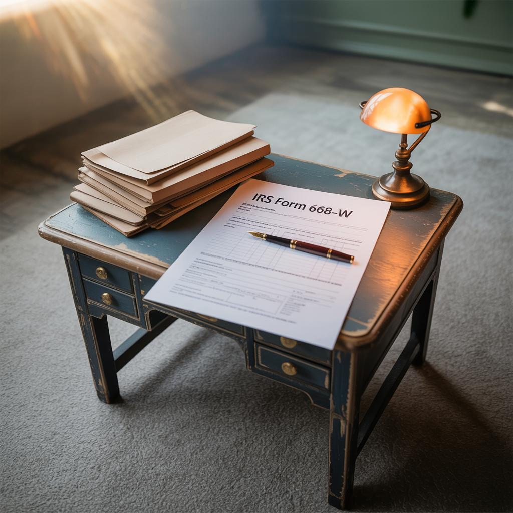 A small desk with a stack of books and a pen on it