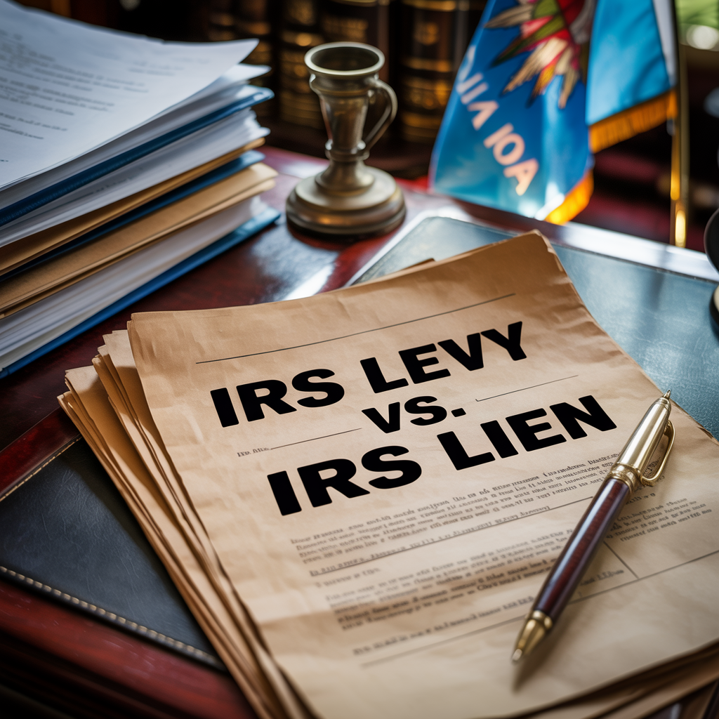 A pen sits on a piece of paper that says irs levy vs. irs lien