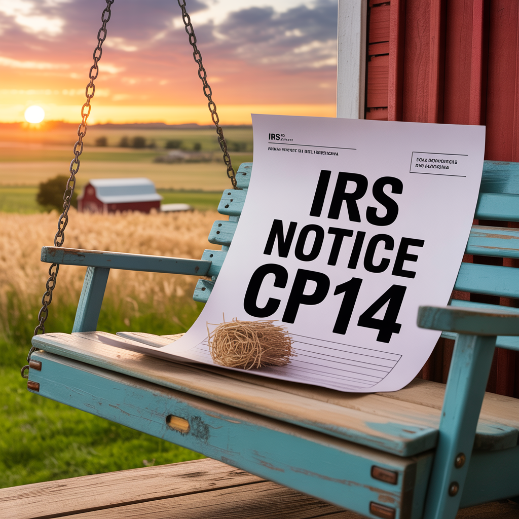 A blue swing with a paper that says irs notice cp14 on it