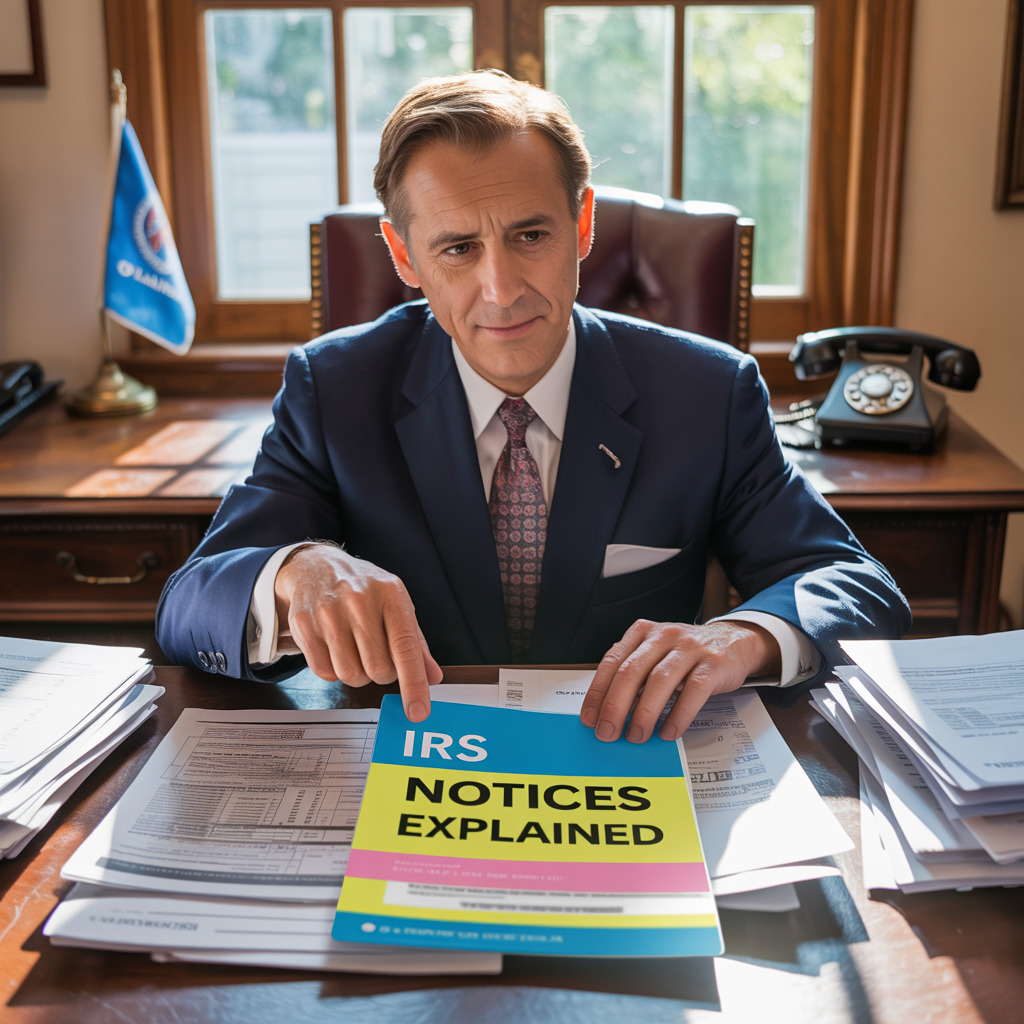 A man sitting at a desk with a book titled irs notices explained