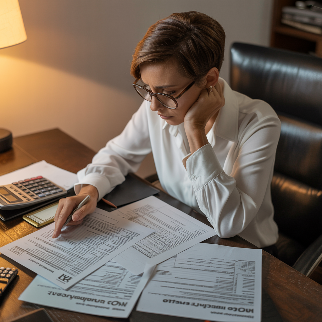 A woman is sitting at a desk with papers and a calculator.