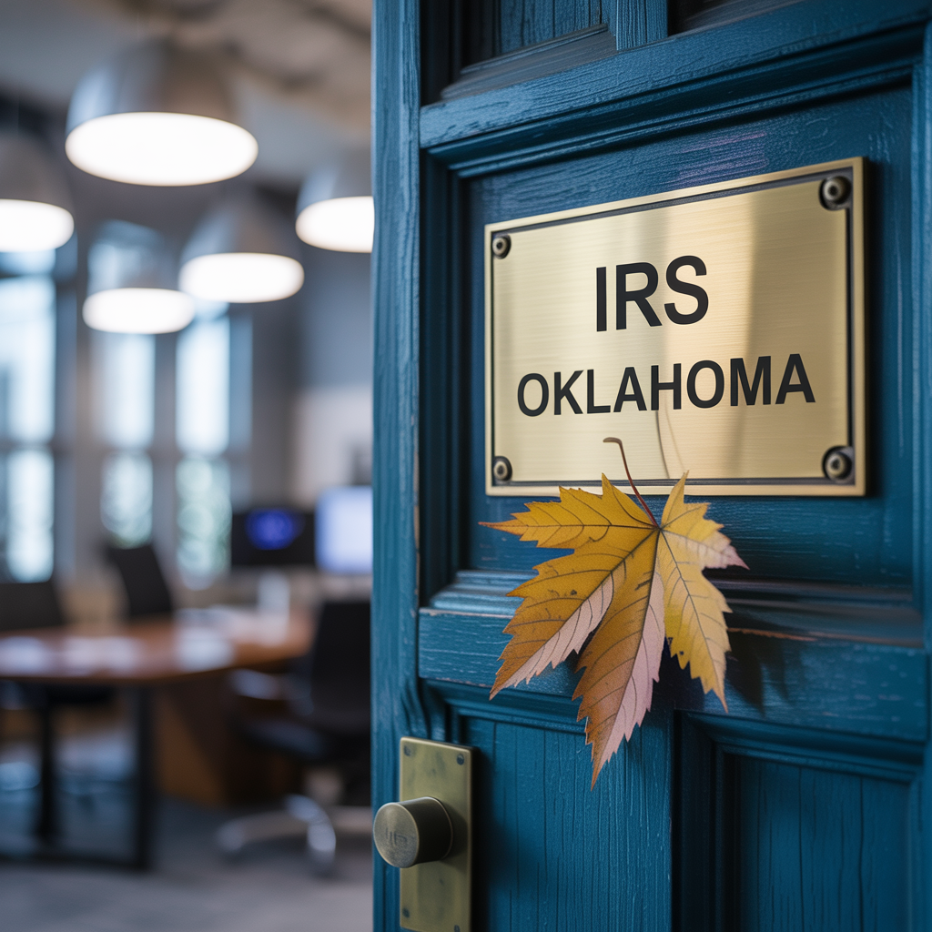A blue door with a sign on it that says irs oklahoma
