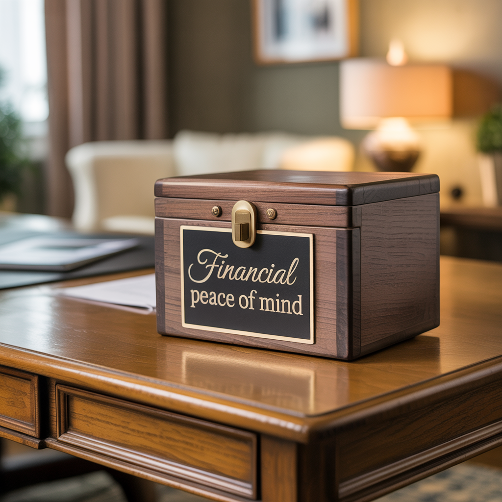 A wooden box that says financial peace of mind on it