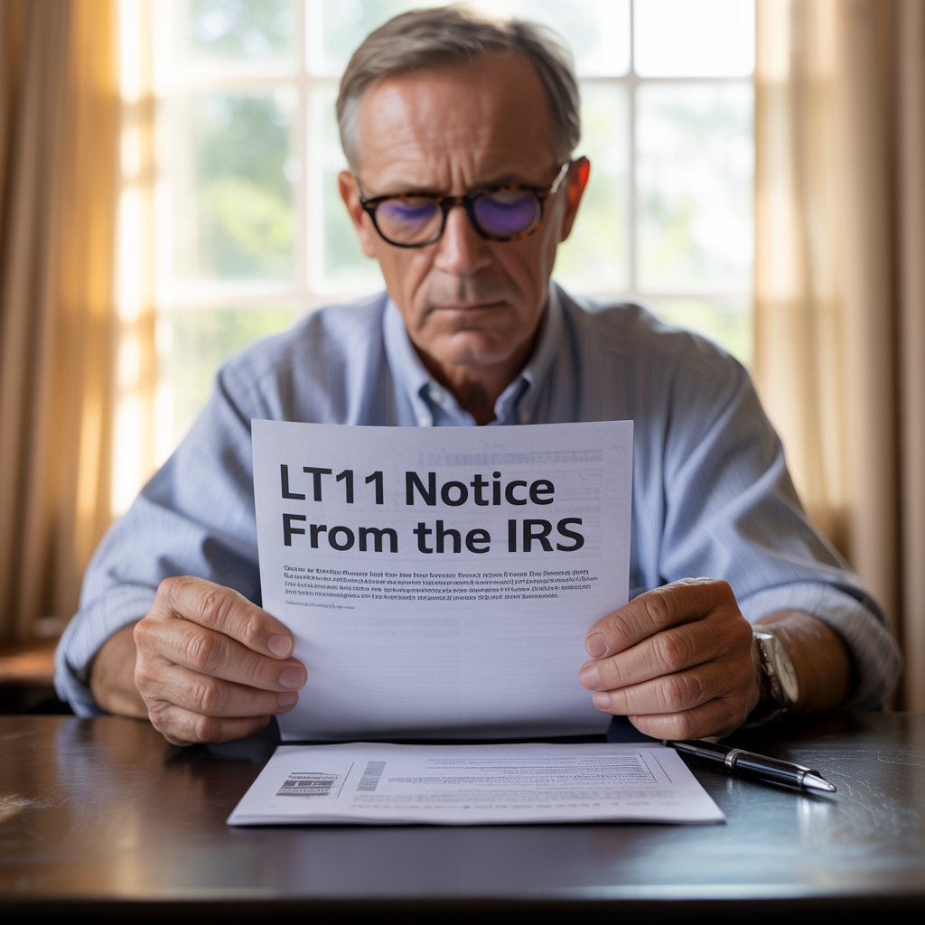 A man is reading a notice from the irs