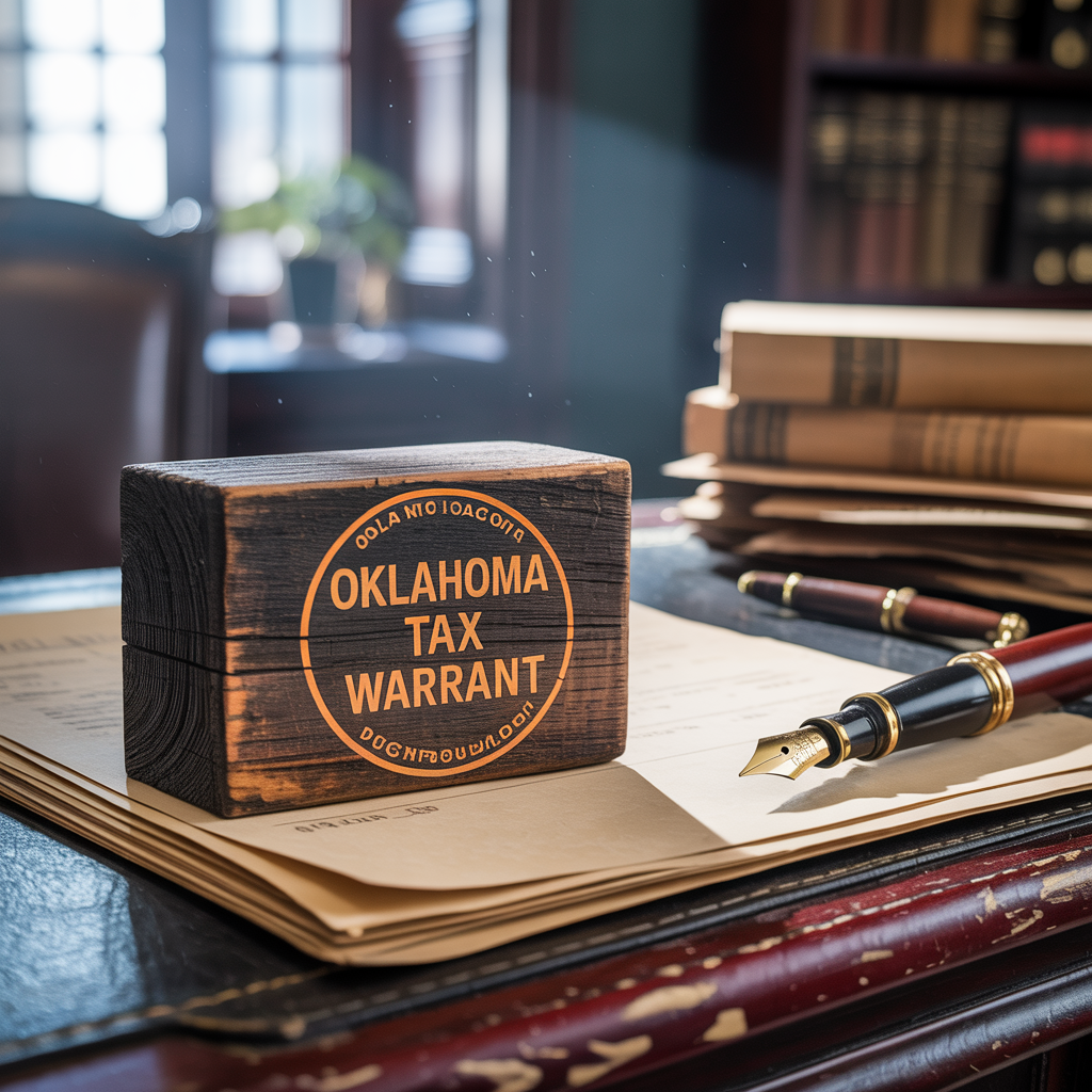 A wooden box that says oklahoma tax warrant on it