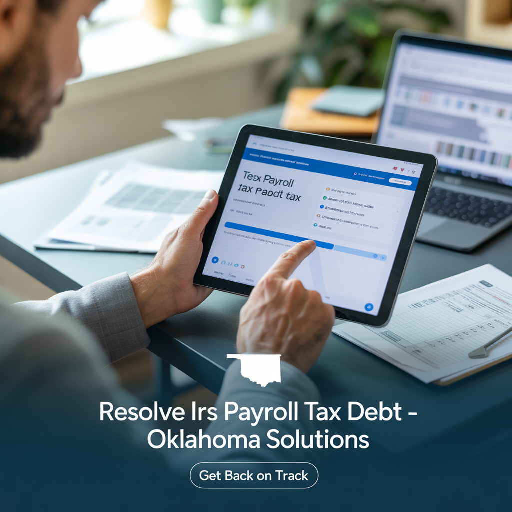 A man is using a tablet computer to solve his irs payroll tax debt.