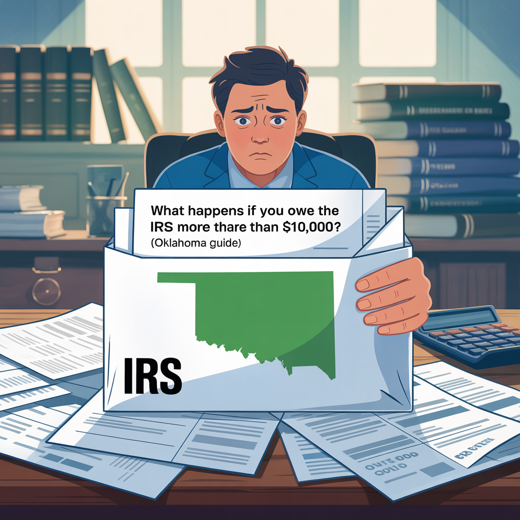 A man is sitting at a desk holding an envelope that says irs.