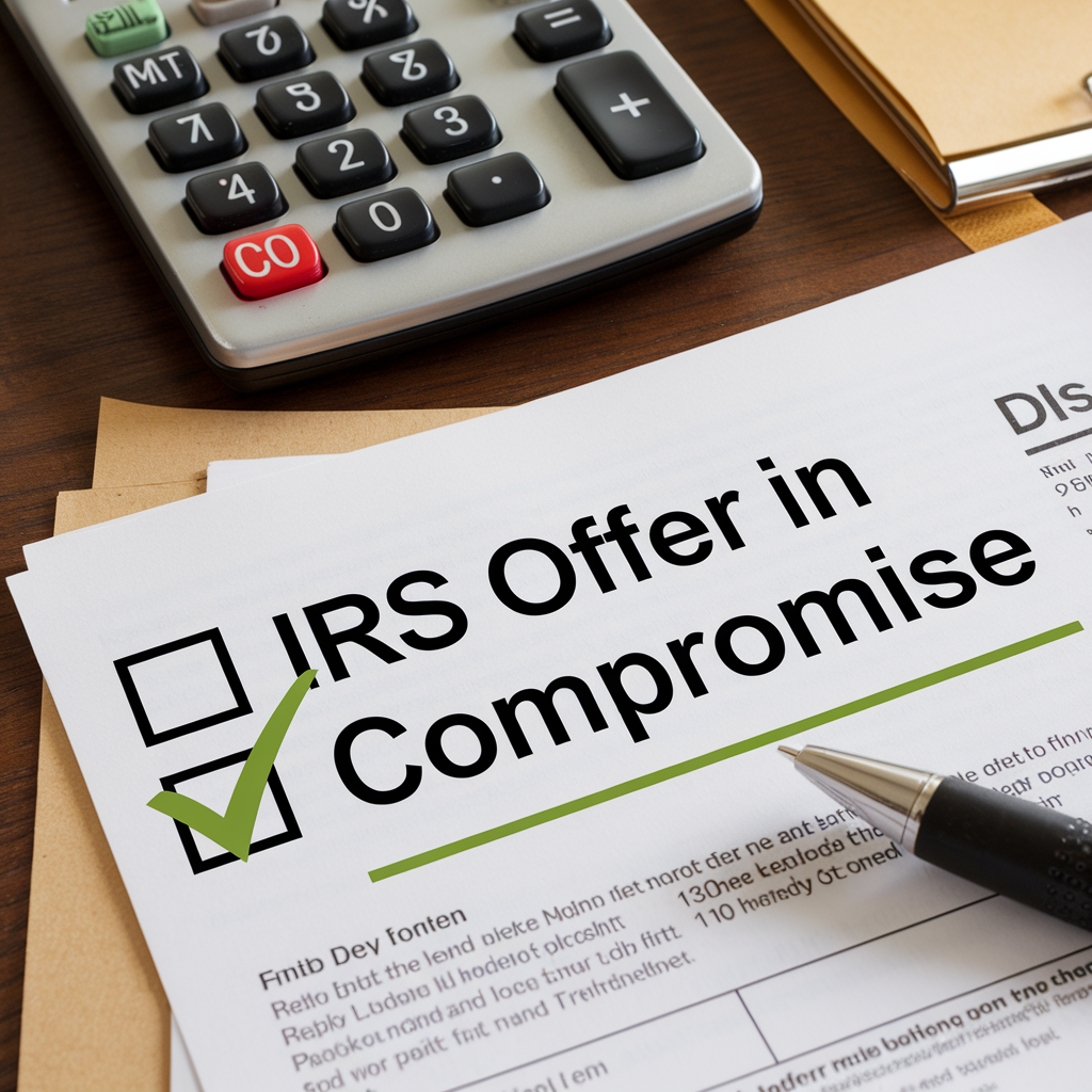 An irs offer in compromise form with a pen and calculator