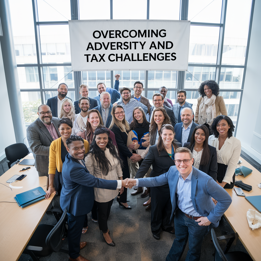 A group of people shaking hands in front of a sign that says overcoming adversity and tax challenges