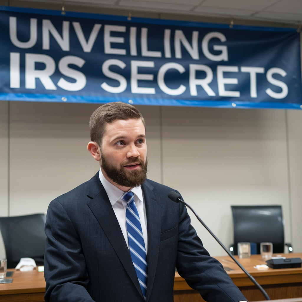 A man is giving a speech in front of a banner that says unveiling irs secrets