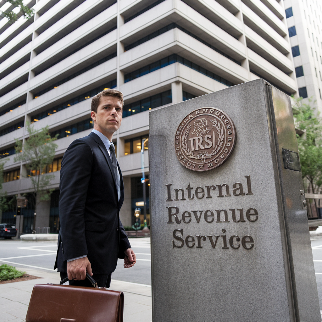 A man carrying a briefcase walks past a sign for the internal revenue service