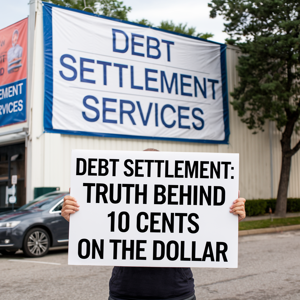 A person holding a sign that says debt settlement truth behind 10 cents on the dollar