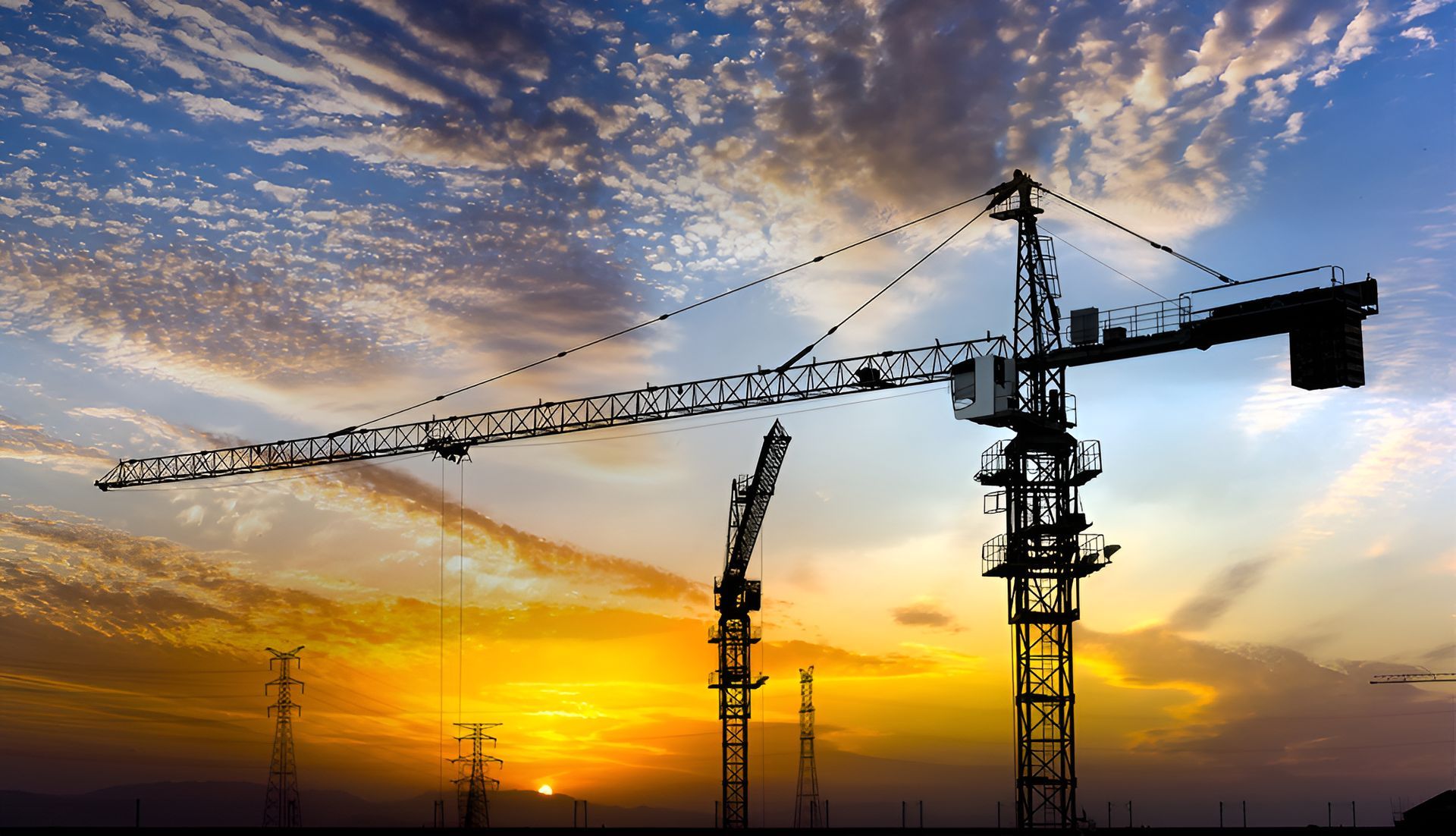 A Group Of Construction Cranes Are Silhouetted Against A Sunset Sky — North Coast Cranes In Armidale, NSW