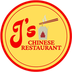 Logo for J&rsquo;s Chinese Restaurant in red text on a yellow circular background with chopsticks and a takeout box