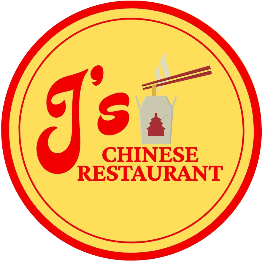 Logo for J&rsquo;s Chinese Restaurant in red text on a yellow circular background with chopsticks and a takeout box
