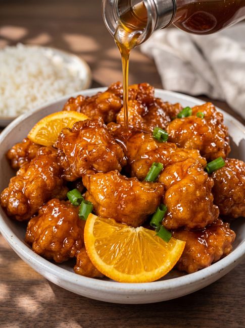 Glazed orange chicken in a bowl with orange slices and green onions, sauce being poured over it
