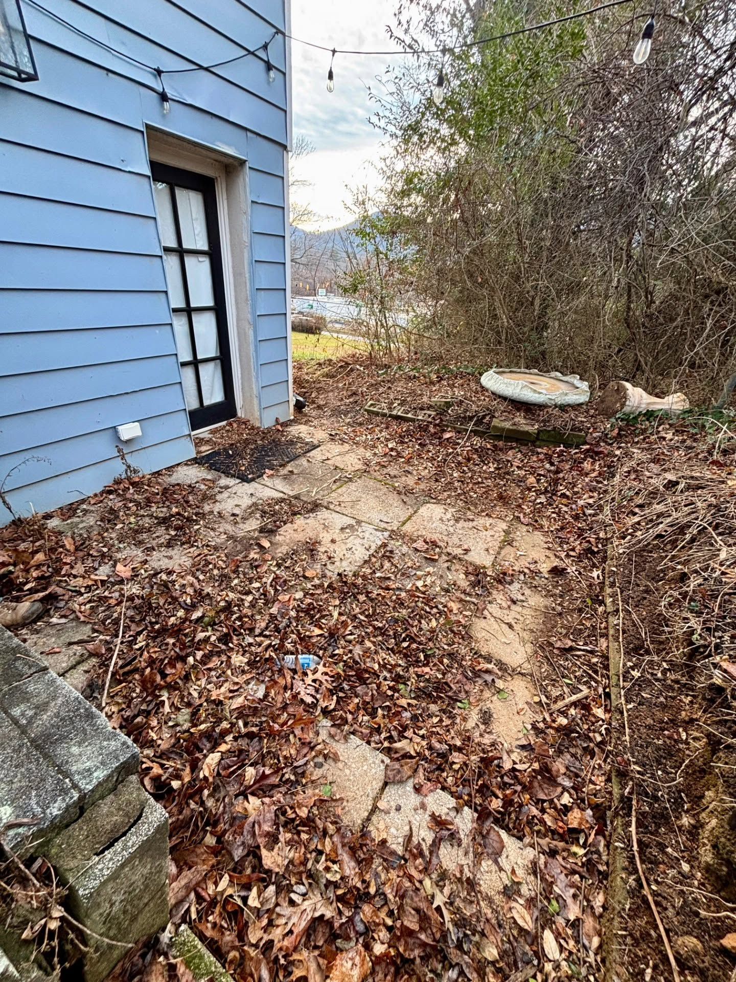 Leaf-covered patio beside a blue house, with a side door, bare trees, and a glimpse of water beyond.