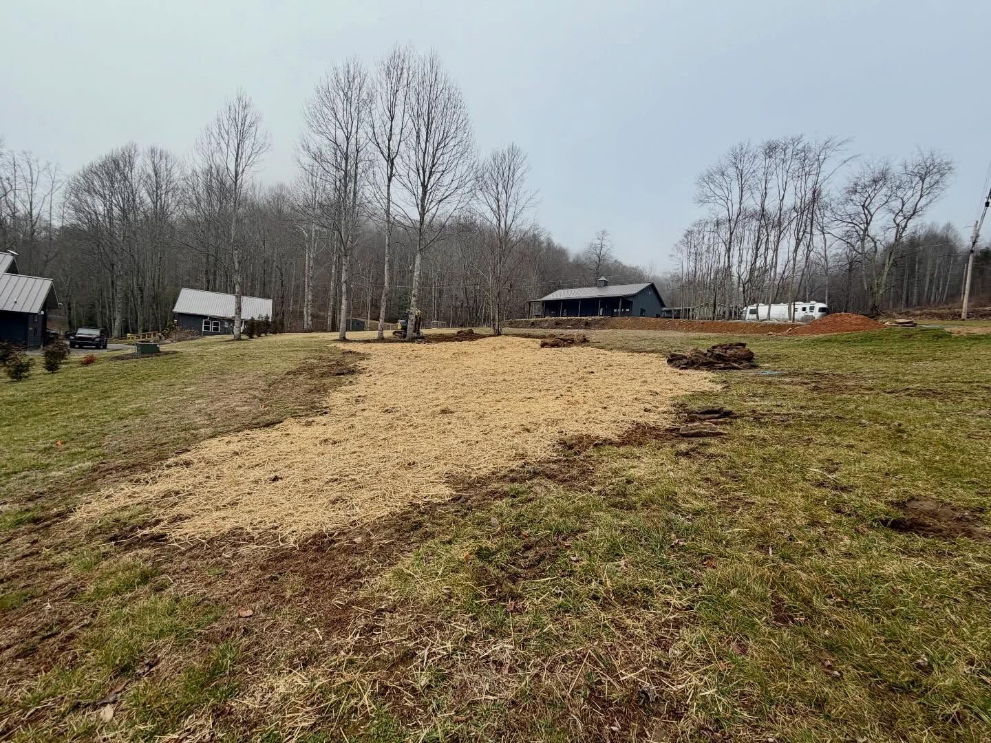 Bare rural field with a wide pale dirt path, leafless trees, and small buildings under a gray sky