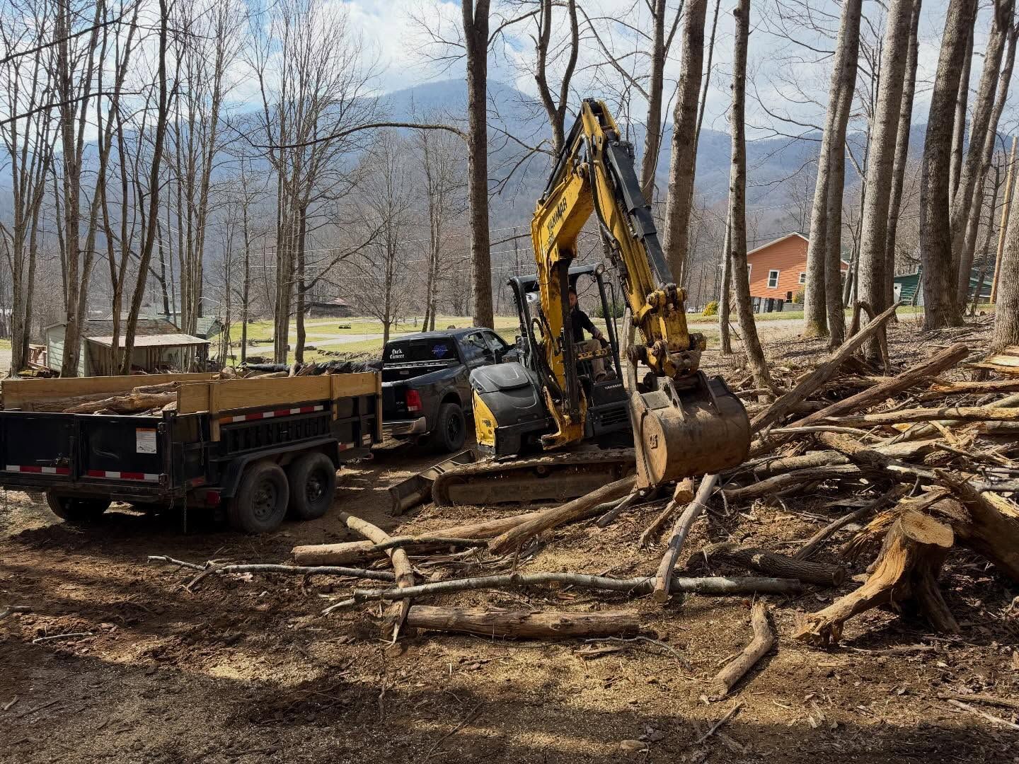 Yellow excavator loads logs beside a flatbed truck in a wooded clearing with bare trees.