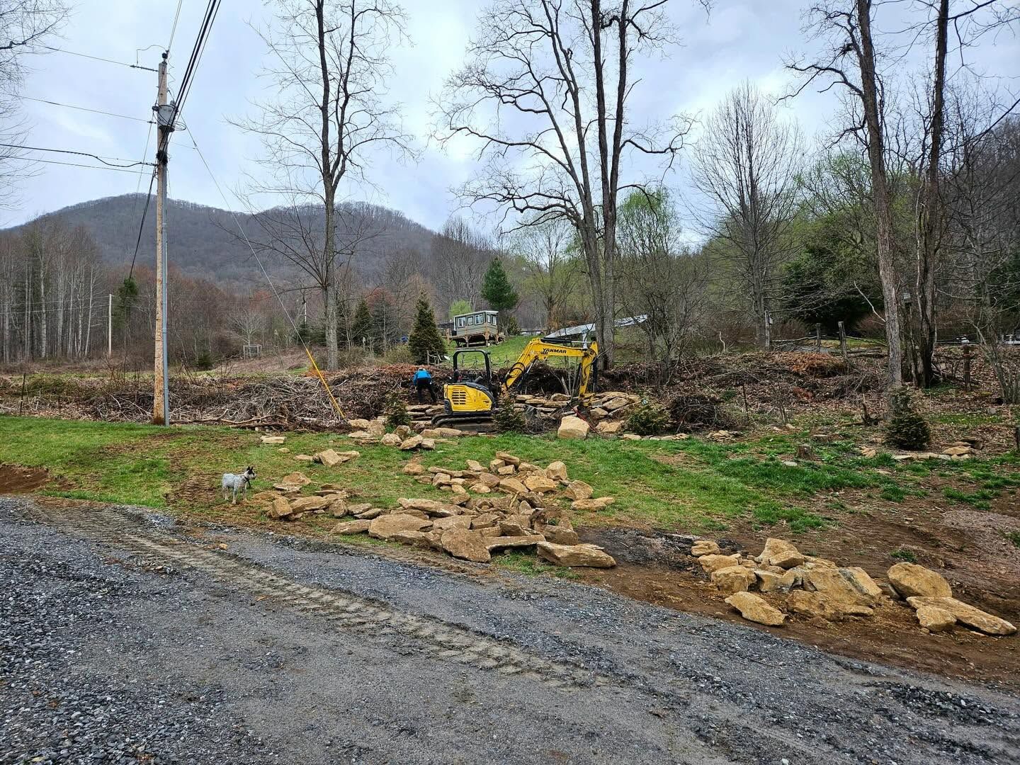 Yellow excavator clearing land beside a gravel road with trees and a hillside in the background